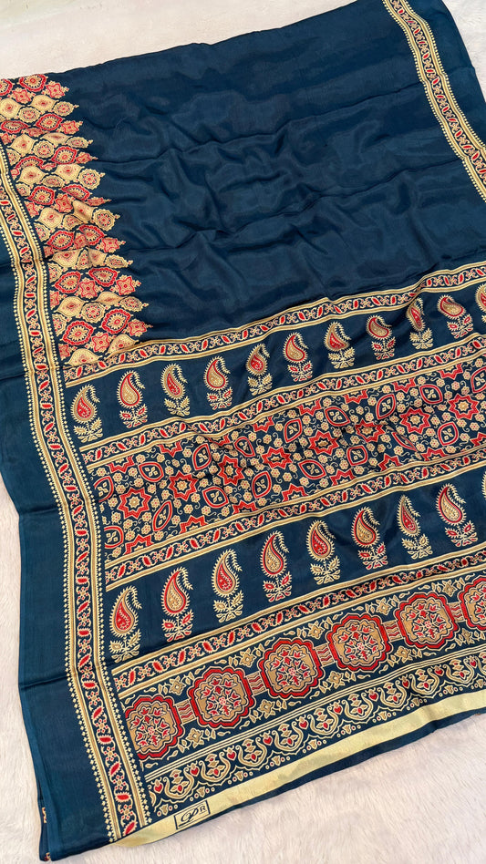 Ajrakh Plain Saree SALE - INDIGO