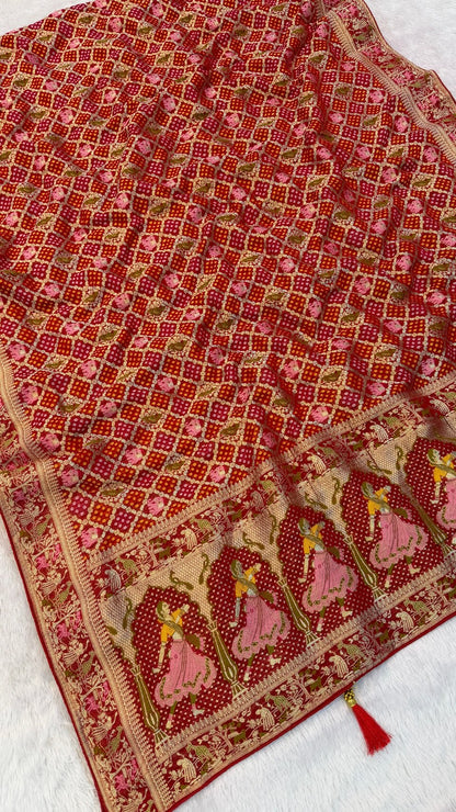 Traditional Georgette Banarasi Bandhej Saree (Rani / Maroon)