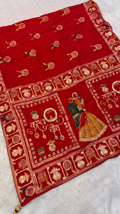 Real Handwork Karva Chauth Saree - Red
