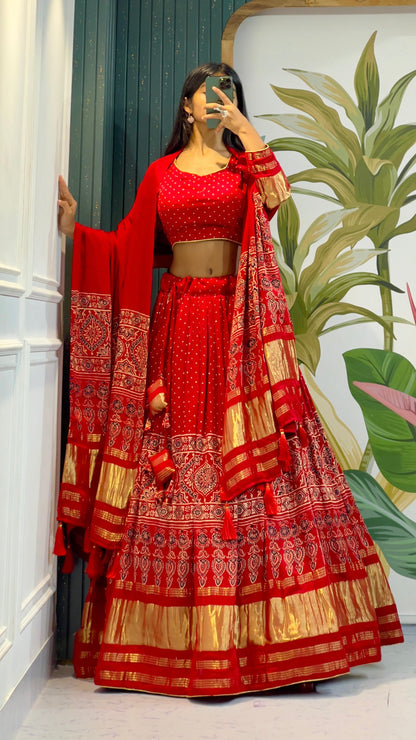 Handblock Ajrakh Lehanga Choli (Pure Model Silk)