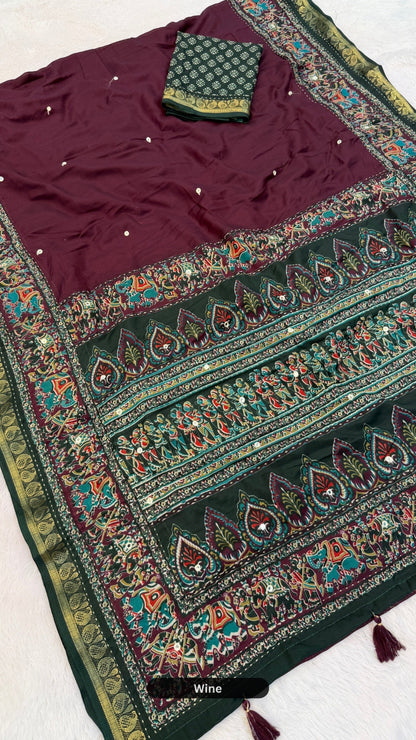 Plain Kalamkari Mul Cotten Mirror Work Saree SD