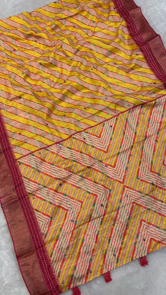 Katha Work + Mirror Work Designer Lehariya Saree