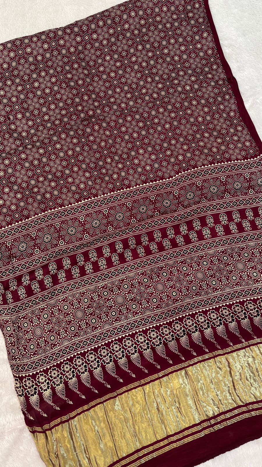 Pure Modal Silk Ajrakh Saree with Lagadi Patta Vol.2 (Maroon)