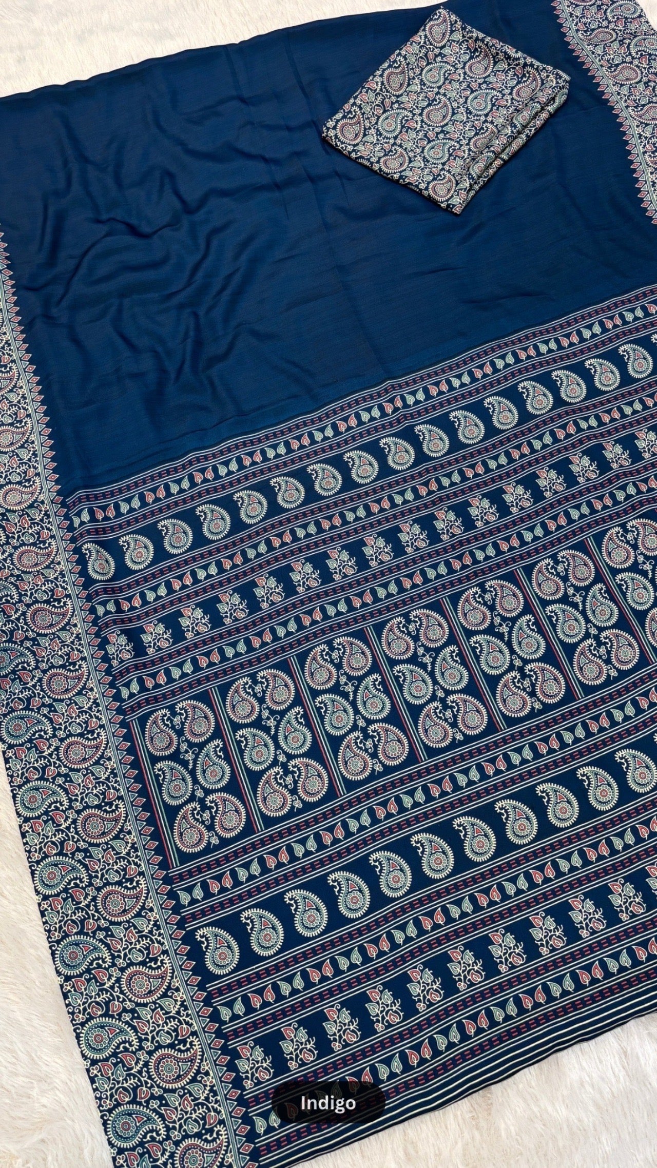 Plain Ajrakh Kalamkari Saree