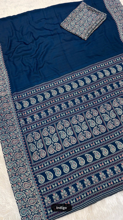 Plain Ajrakh Kalamkari Saree