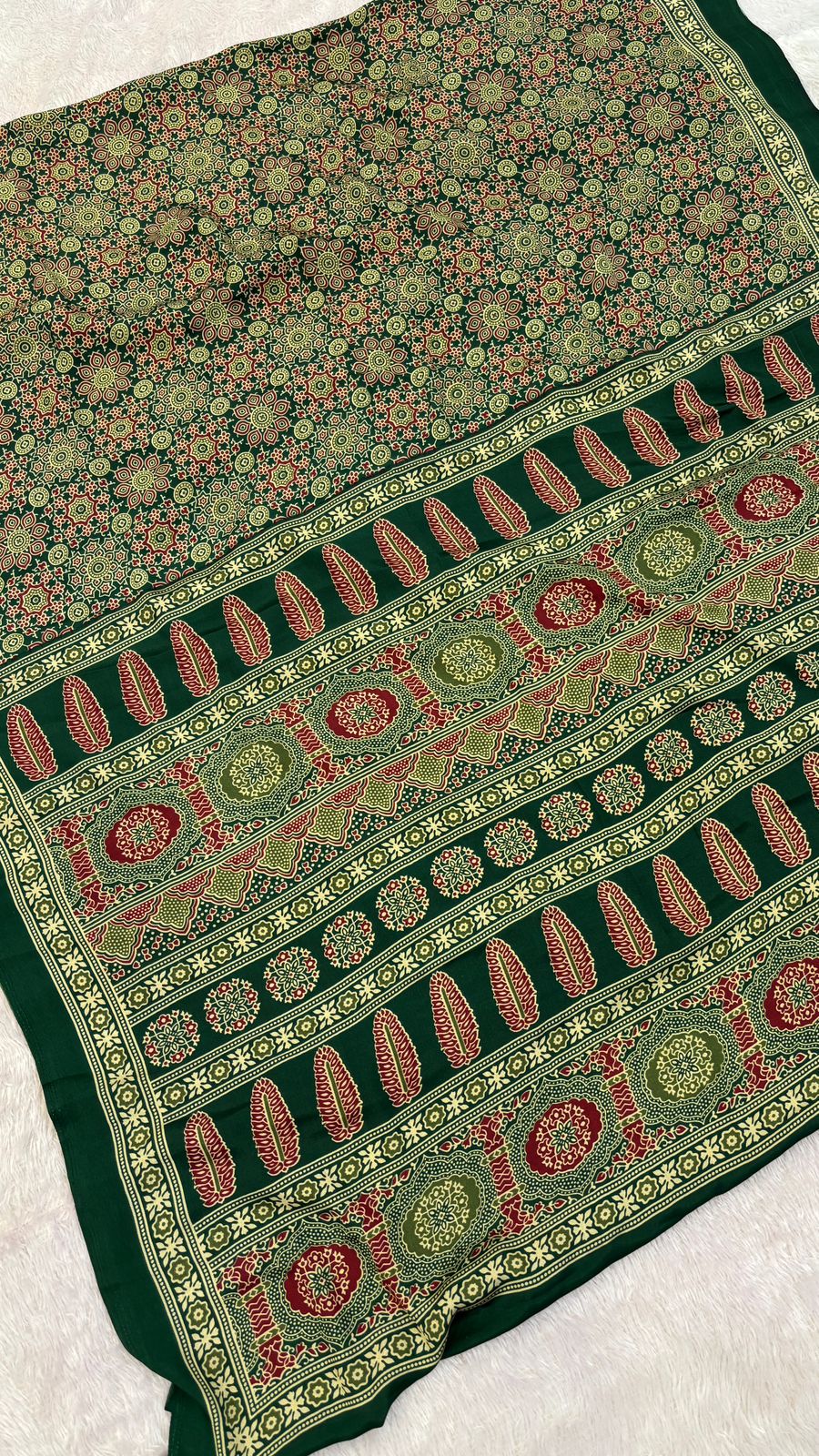 Ajrakh Crap Silk Saree Green (ONE DAY SALE)