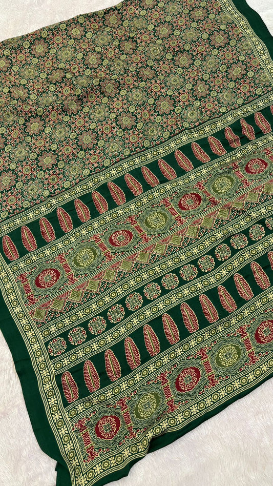 Ajrakh Crap Silk Saree Green (ONE DAY SALE)