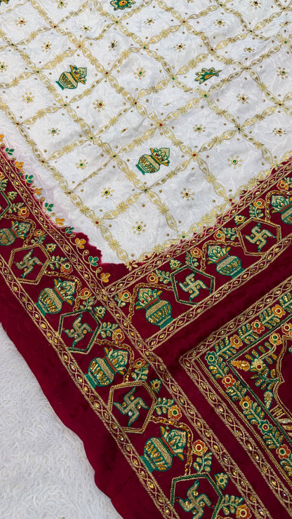 Kutchi Gharchola Saree (White x Maroon)