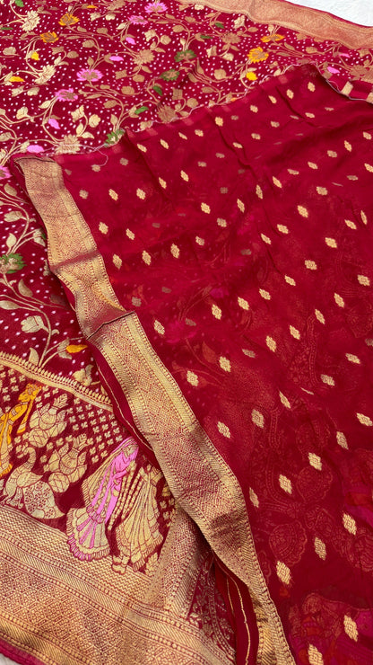 Minakari Bandhej Banarasi Saree (Georgette Junglo) Rani