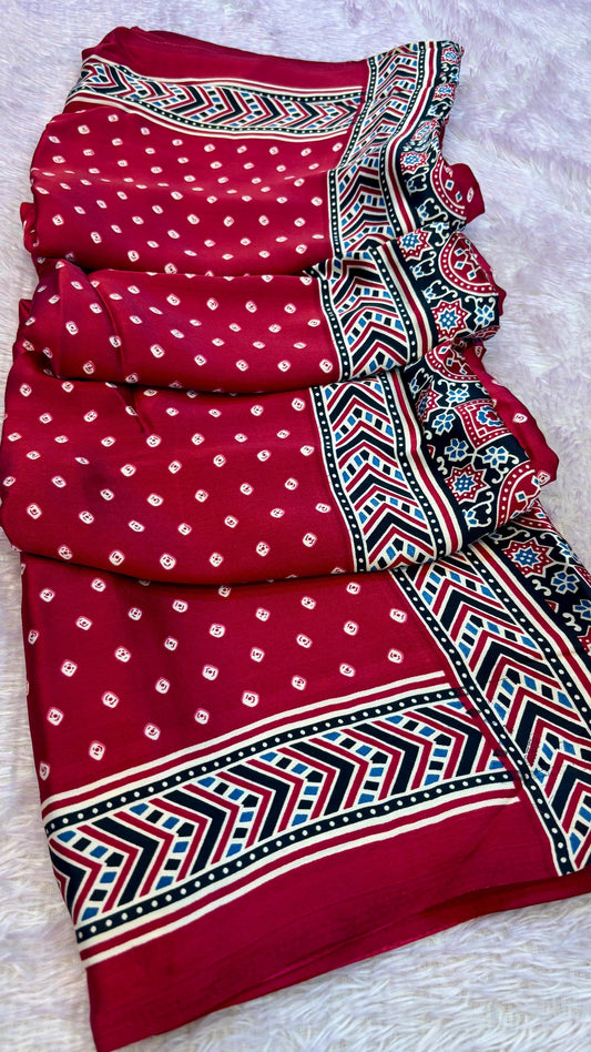 Pure Crap Ajrakh Bandhani Saree