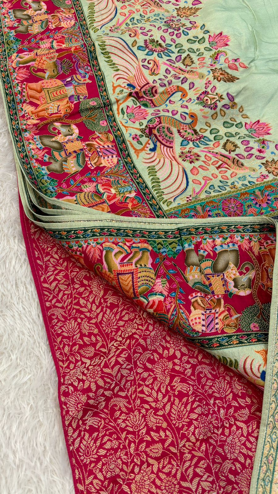 Pure Hand Weaving Kalamkari Saree (Pista Gala)