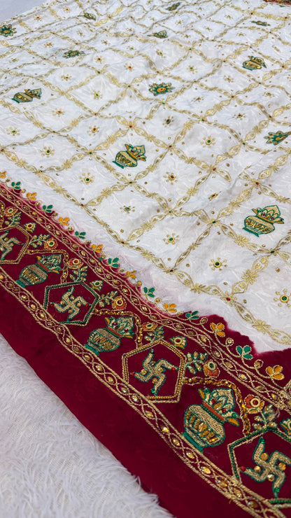 Kutchi Gharchola Saree (White x Maroon)