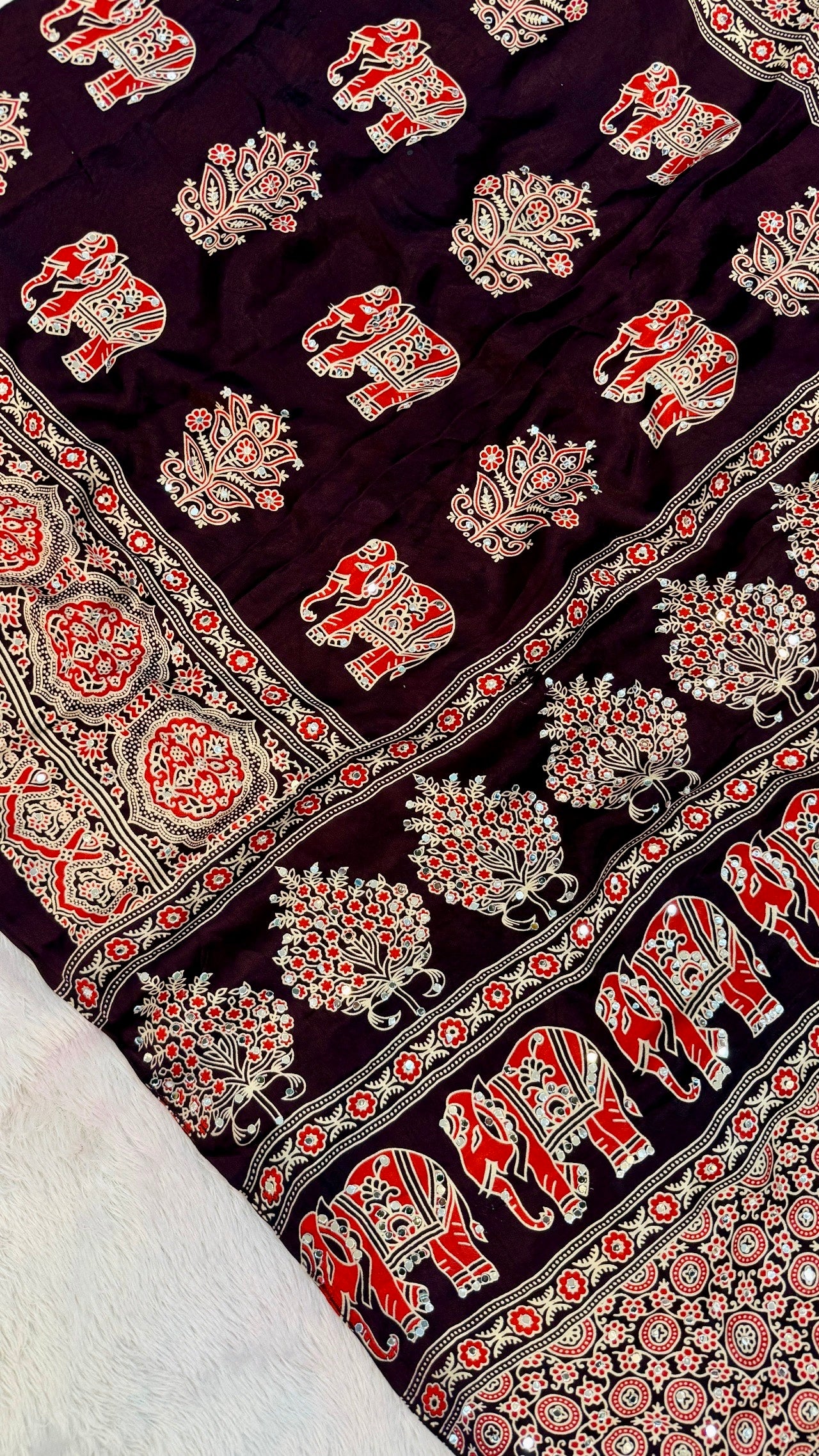 Handblock Ajrakh Mirror Saree (500+ Real Mirror) Wine