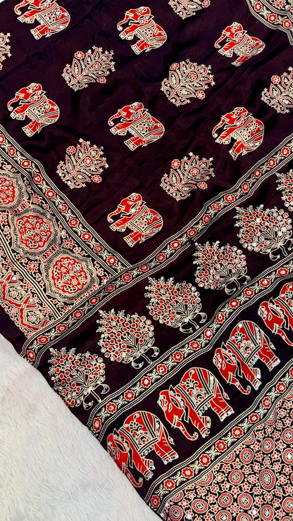 Handblock Ajrakh Mirror Saree (500+ Real Mirror) Wine