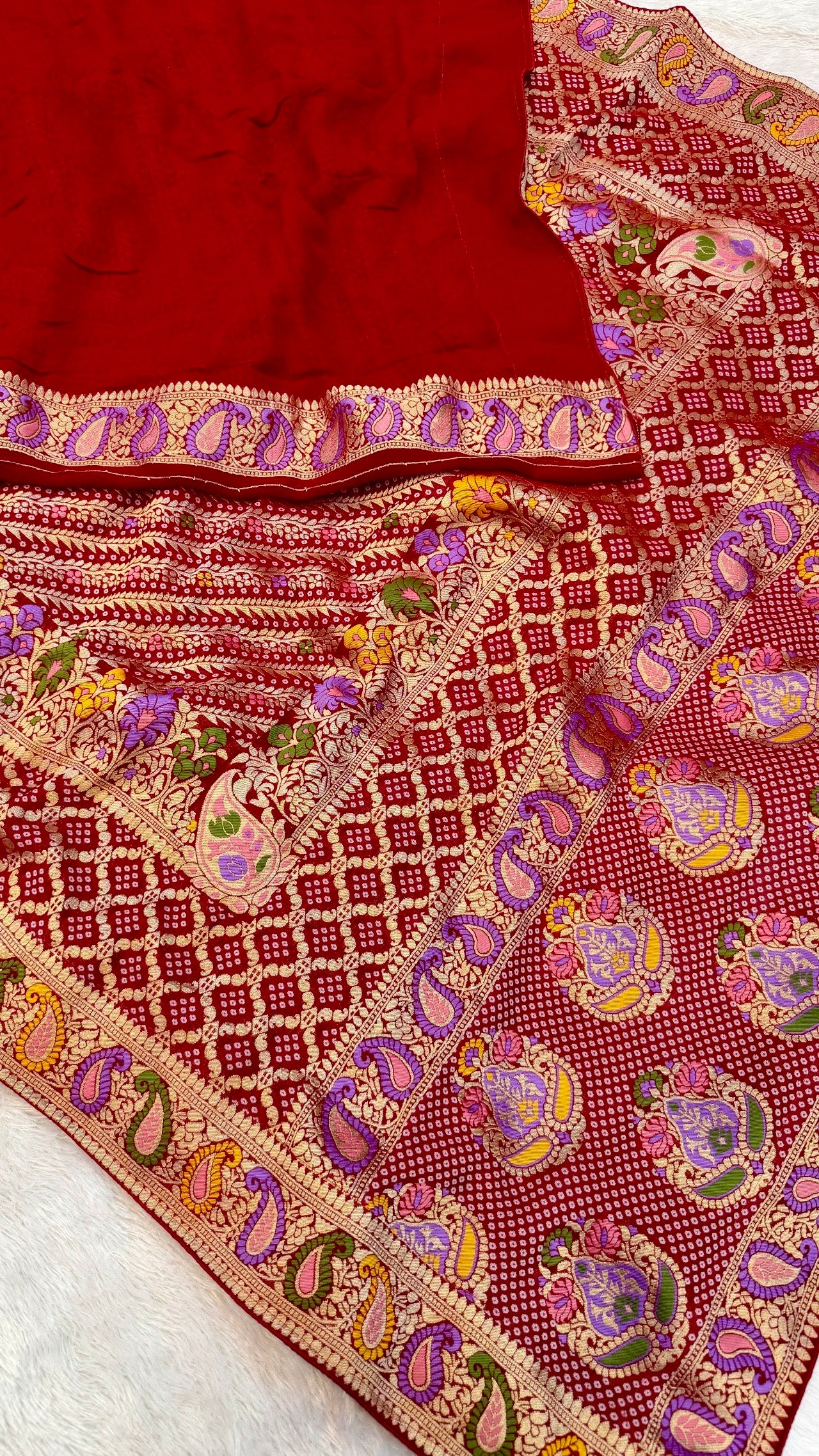 Minakari Bandhej Banarasi Saree (Khaddi Georgette) Red-Rani