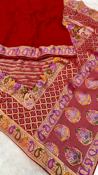 Minakari Bandhej Banarasi Saree (Khaddi Georgette) Red-Rani