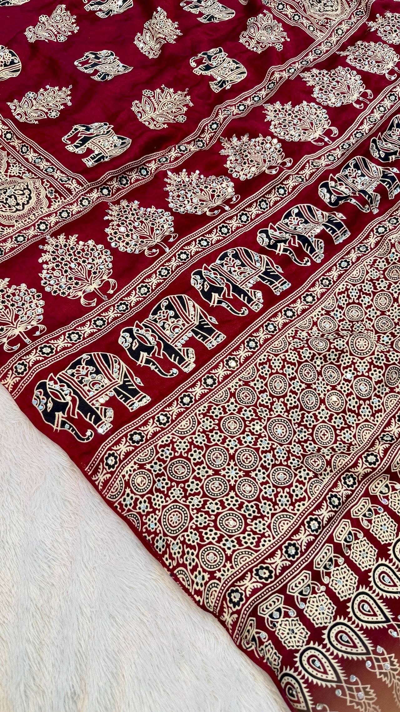 Handblock Ajrakh Mirror Saree (500+ Real Mirror) Maroon
