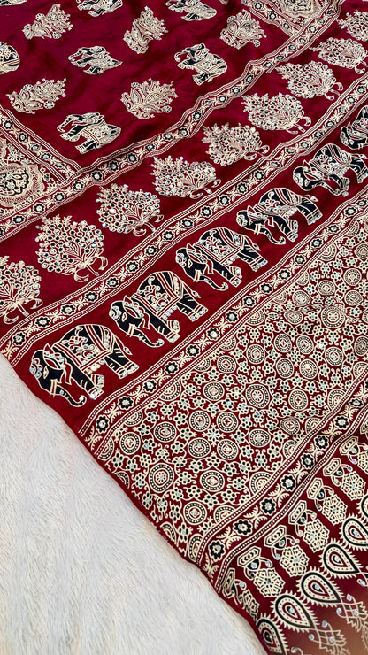 Handblock Ajrakh Mirror Saree (500+ Real Mirror) Maroon