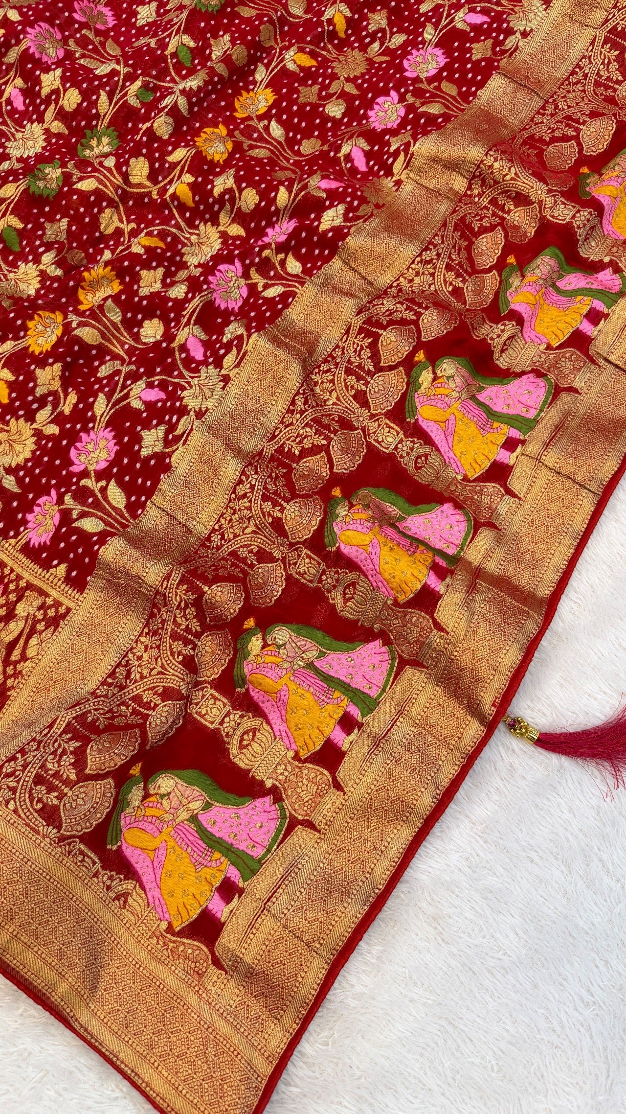 Minakari Bandhej Banarasi Saree (Georgette Junglo) Red