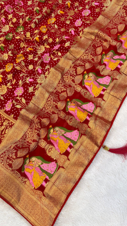 Minakari Bandhej Banarasi Saree (Georgette Junglo) Red