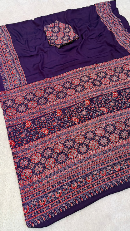 Plain Ajrakh Kalamkari Saree Vol.2