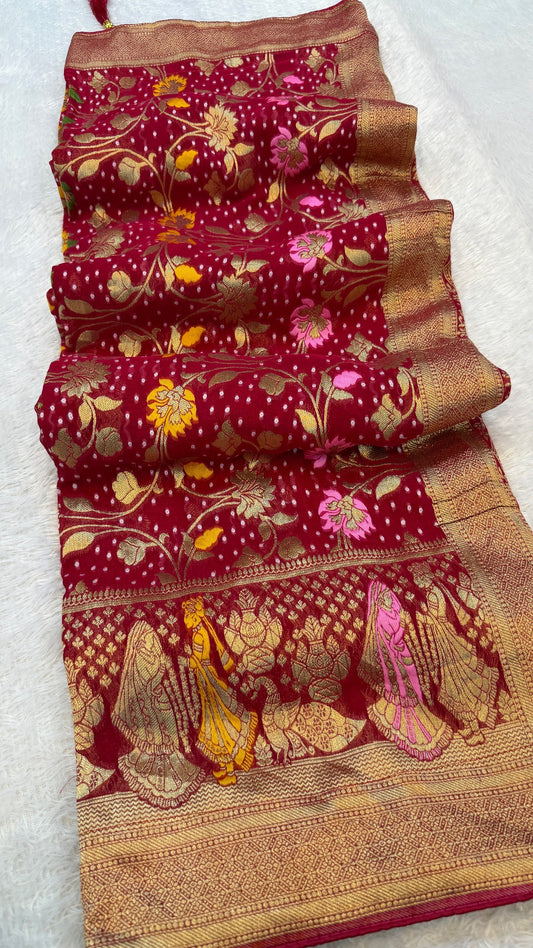 Minakari Bandhej Banarasi Saree (Georgette Junglo) Rani