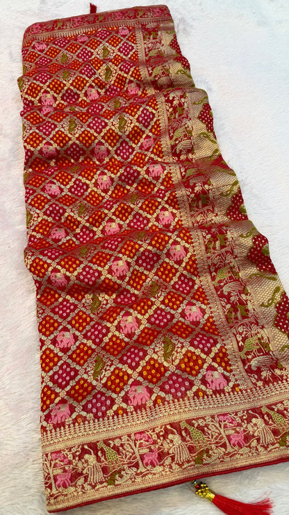 Traditional Georgette Banarasi Bandhej Saree (Rani / Maroon)