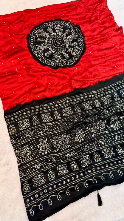 Kasumbo Ajrakh 500+ Real Mirror Saree (Red)