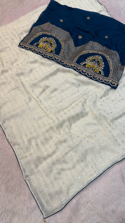 Chiffon Plain Saree + Kutchi motif Work Blouse