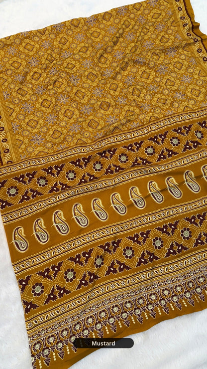 Rang-e-Ajrakh Crap Silk Saree