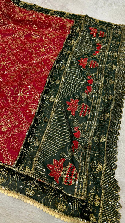 Vintage Duppta, One Side Pallu - Red