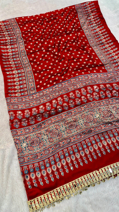 Ajrakh Butti With 500+ Real Mirror Saree Vol.03