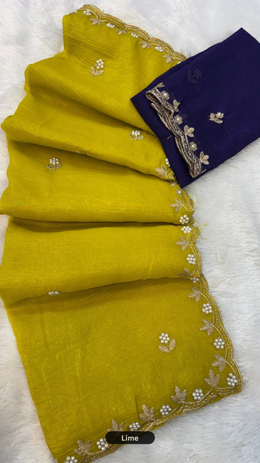 Shining Pearl Work Saree with Contrast Blouse
