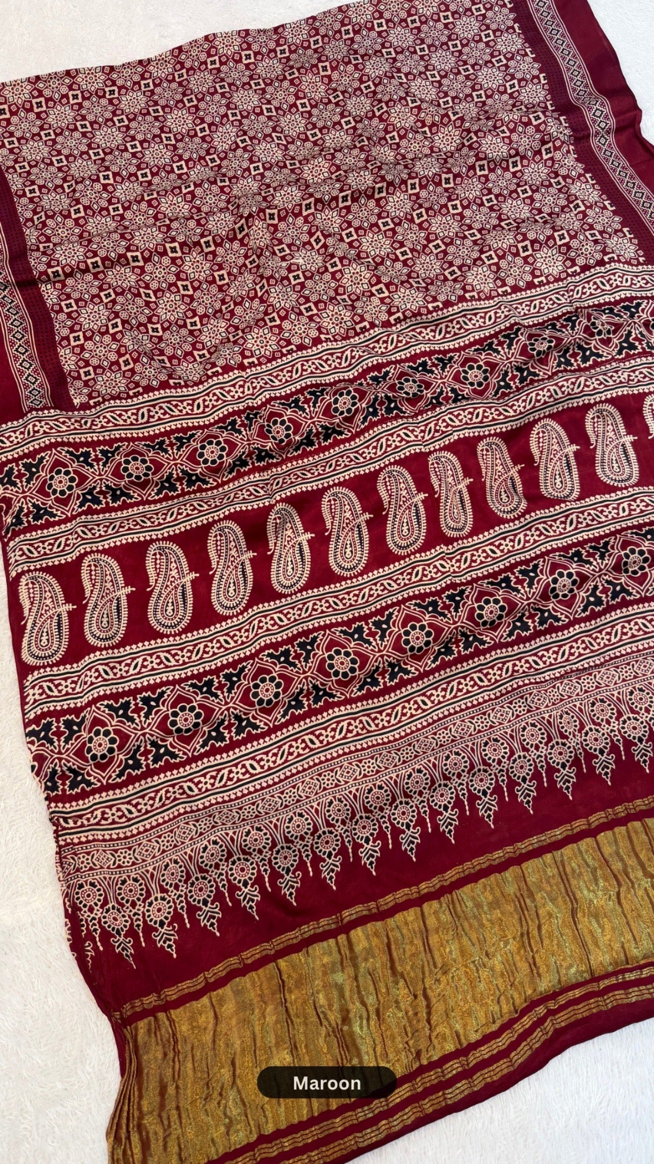 Ajrakhno Abhushan - Pure Modal Silk Ajrakh Saree with Lagadi Patta