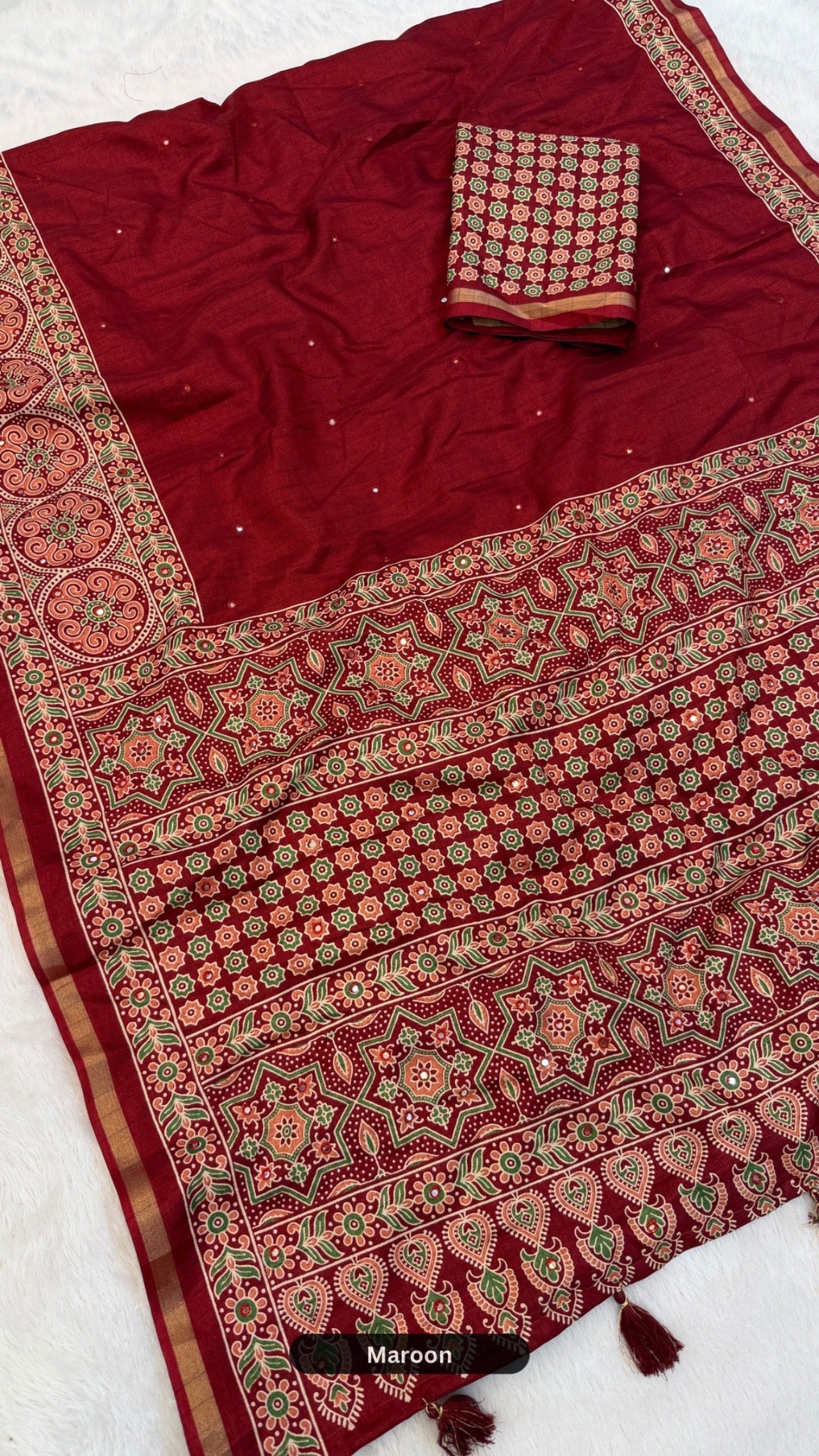 Plain Ajrakh Mul Cotten Mirror Work Saree SD