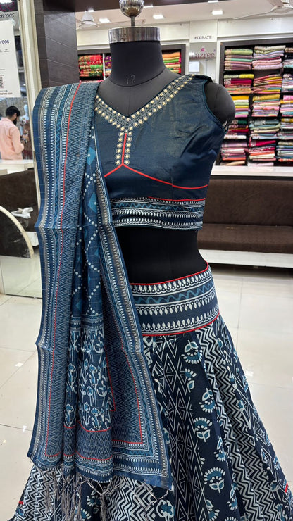 Dhabu Print Indigo Designe, 7 Meter Flare Lehanga Choli