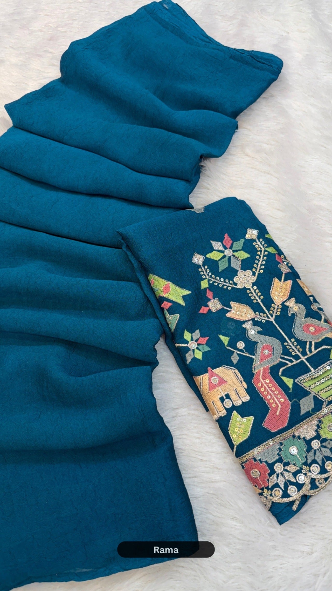 Solid Plain Saree + Kutchi motif Work Blouse