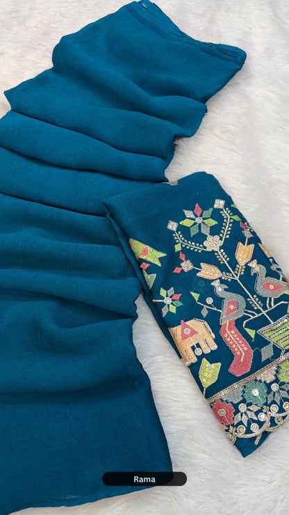 Solid Plain Saree + Kutchi motif Work Blouse