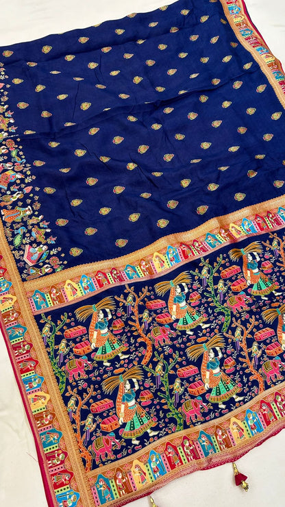 Pure Hand Weaving Kalamkari Saree (Blue Butta)