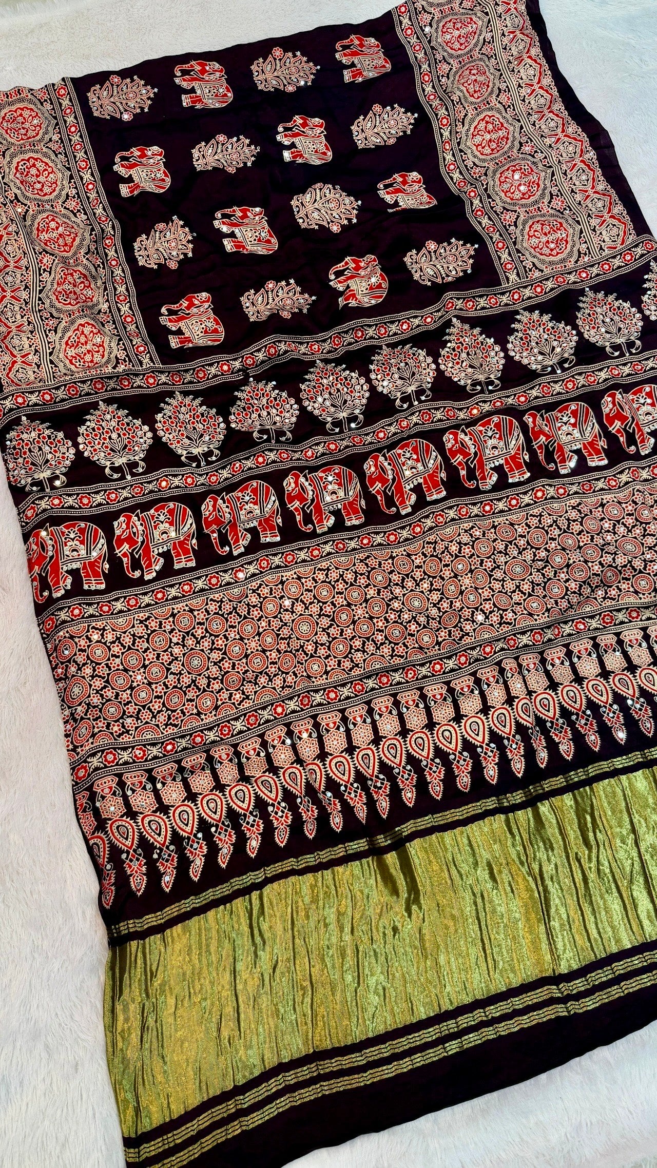 Handblock Ajrakh Mirror Saree (500+ Real Mirror) Wine