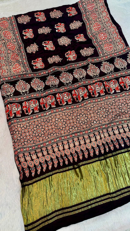 Handblock Ajrakh Mirror Saree (500+ Real Mirror) Wine
