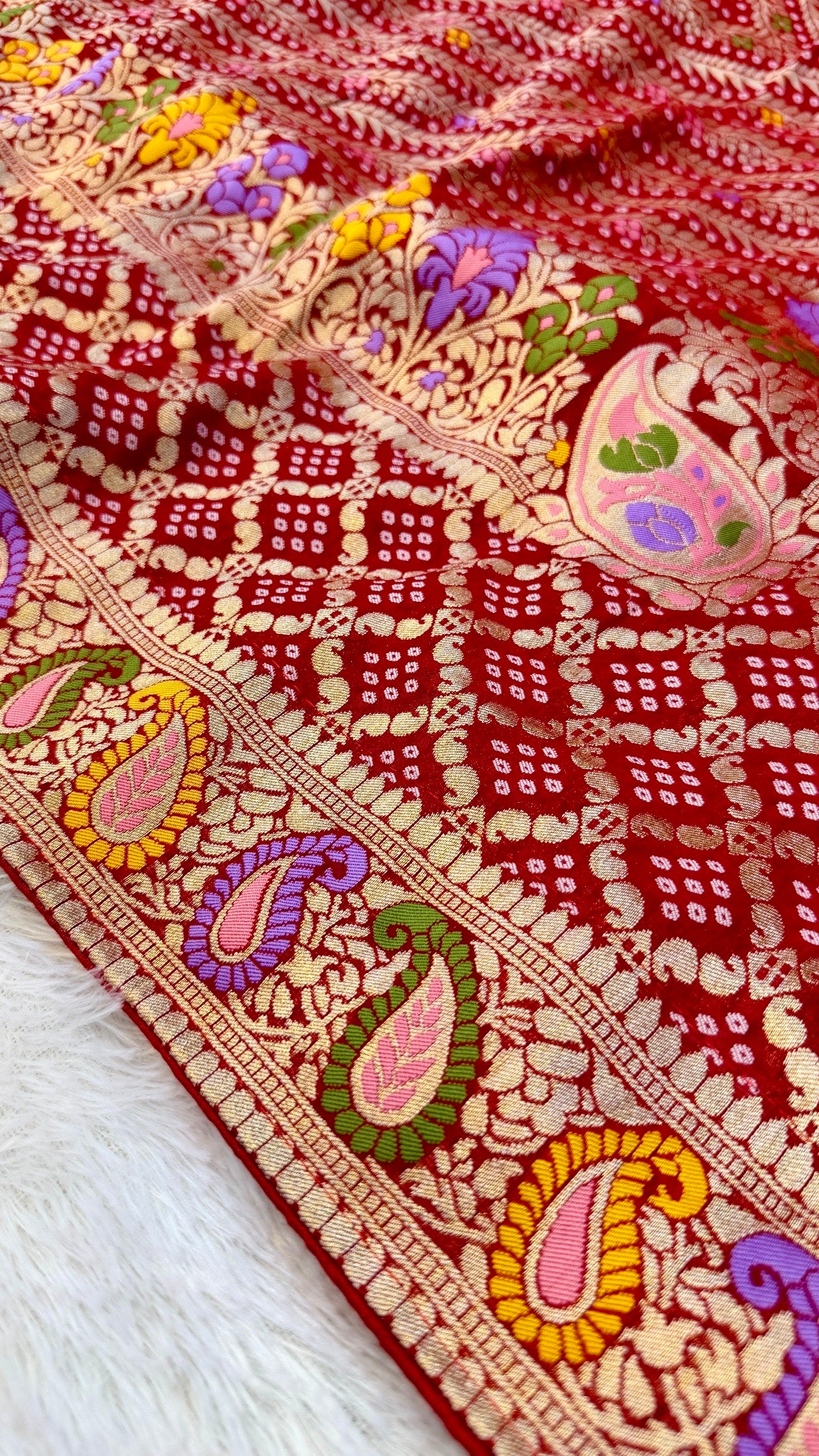 Minakari Bandhej Banarasi Saree (Khaddi Georgette) Red-Rani
