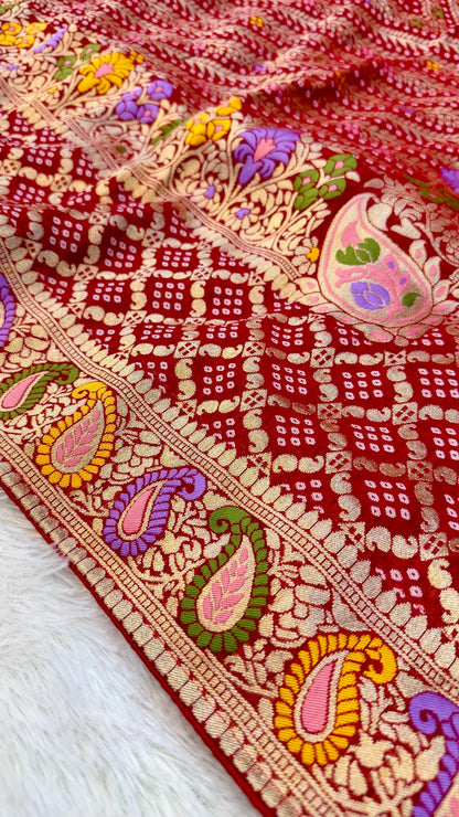 Minakari Bandhej Banarasi Saree (Khaddi Georgette) Red-Rani