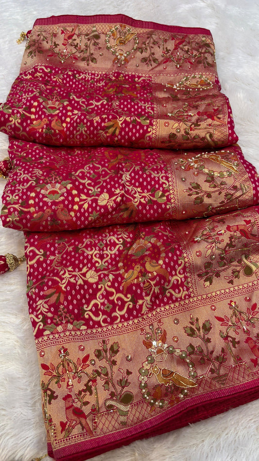 Minakari Handwork Saree, Georgette Bandhani (Jungalo)
