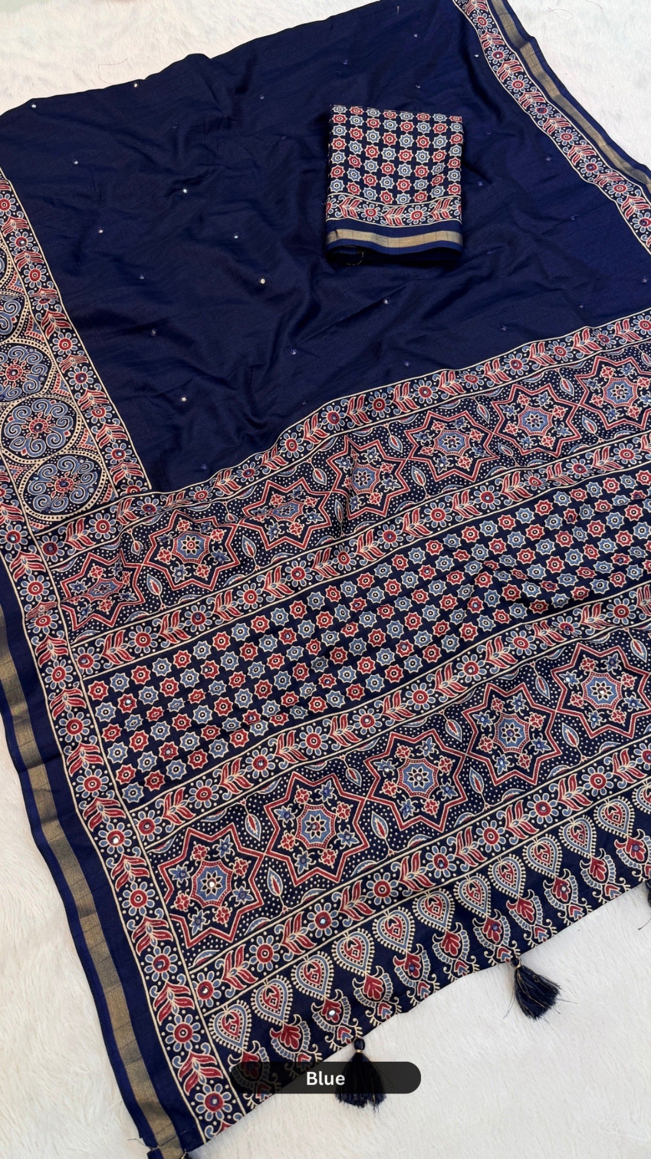 Plain Ajrakh Mul Cotten Mirror Work Saree SD