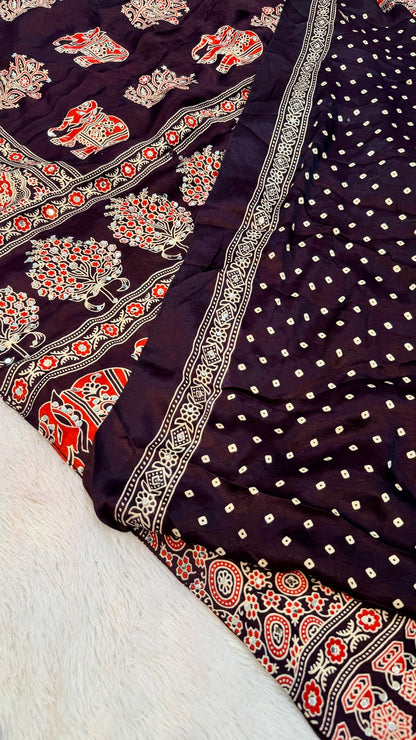 Handblock Ajrakh Mirror Saree (500+ Real Mirror) Wine