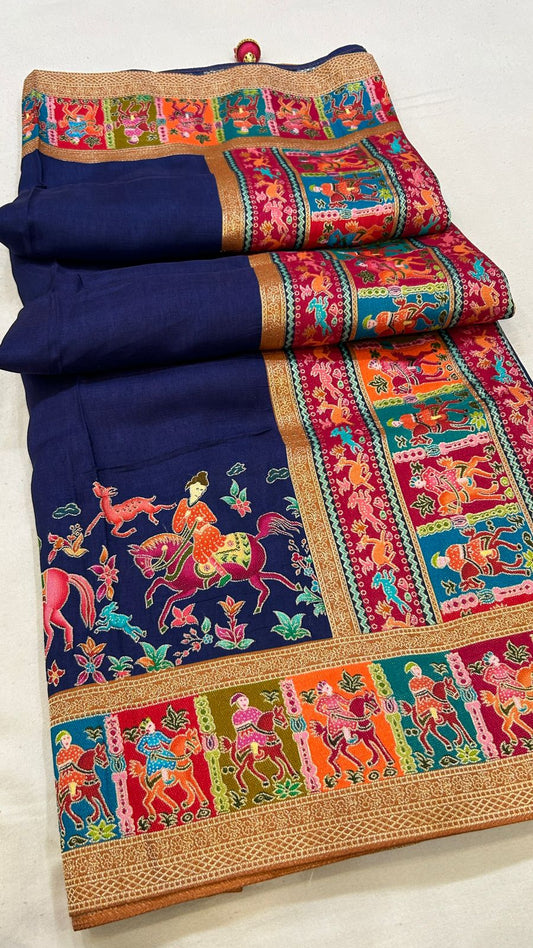 Pure Hand Weaving Kalamkari  Saree (Blue Gala)