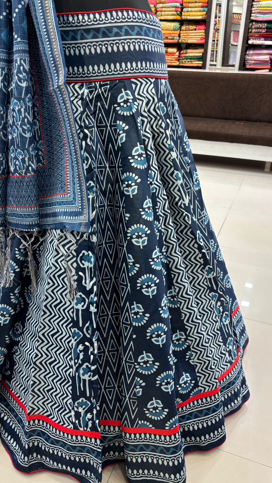 Dhabu Print Indigo Designe, 7 Meter Flare Lehanga Choli