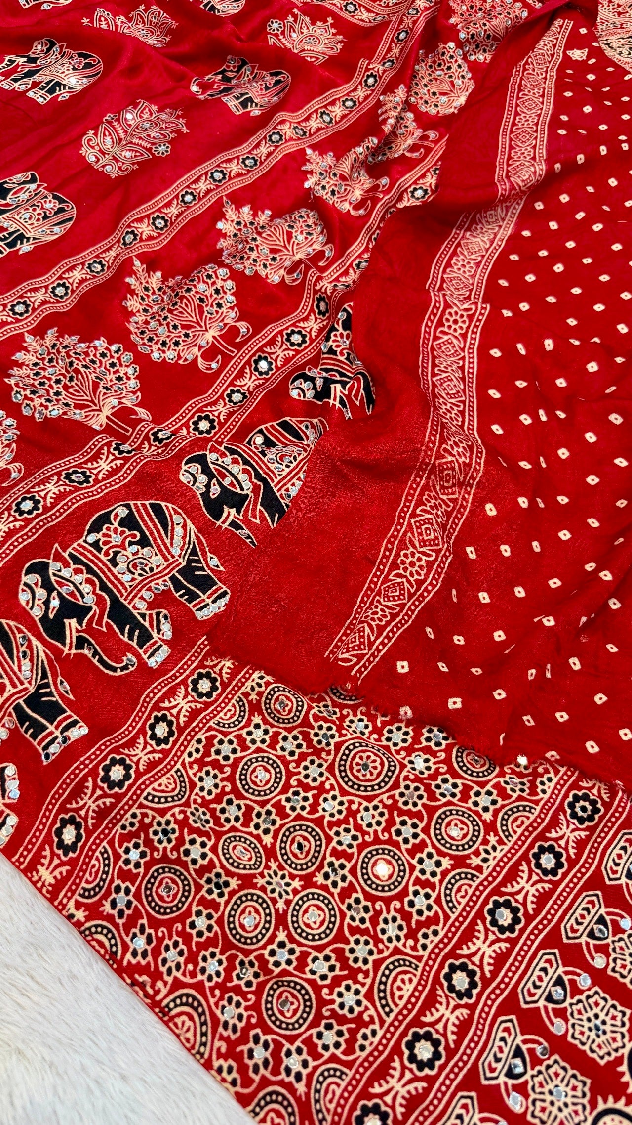 Handblock Ajrakh Mirror Saree (500+ Real Mirror) RED