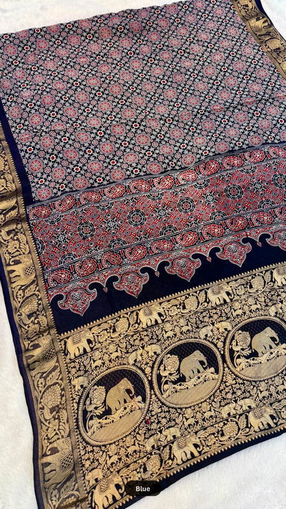 Ajrakh Handblock Saree with Zari Border - Pallu
